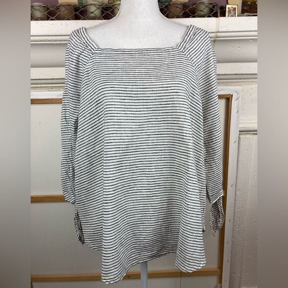 Liz Claiborne linen on or off shoulder blouse w/ tied 3/4 sleeves elastic neck - Picture 1 of 9
